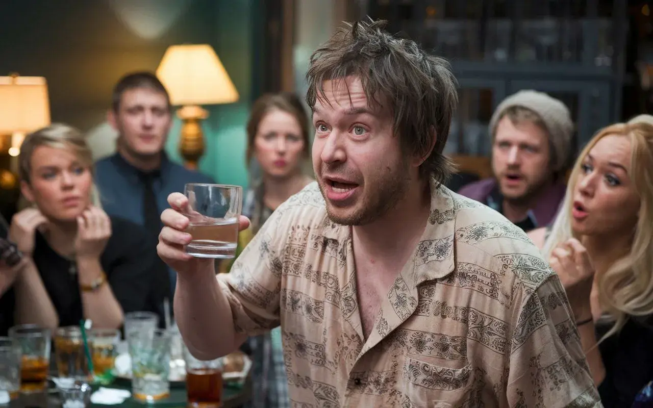 Un homme tient un verre d'eau, expliquant comment faire baisser l'alcool à ses amis surpris lors d'une soirée.