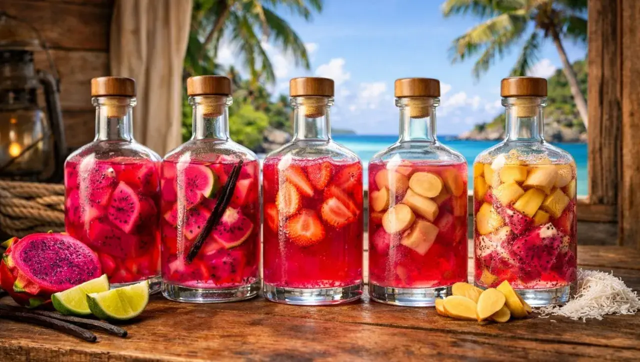 Cinq bouteilles de **cocktail rhum fraise ananas** infusé de fruits tropicaux, sur fond de plage paradisiaque.