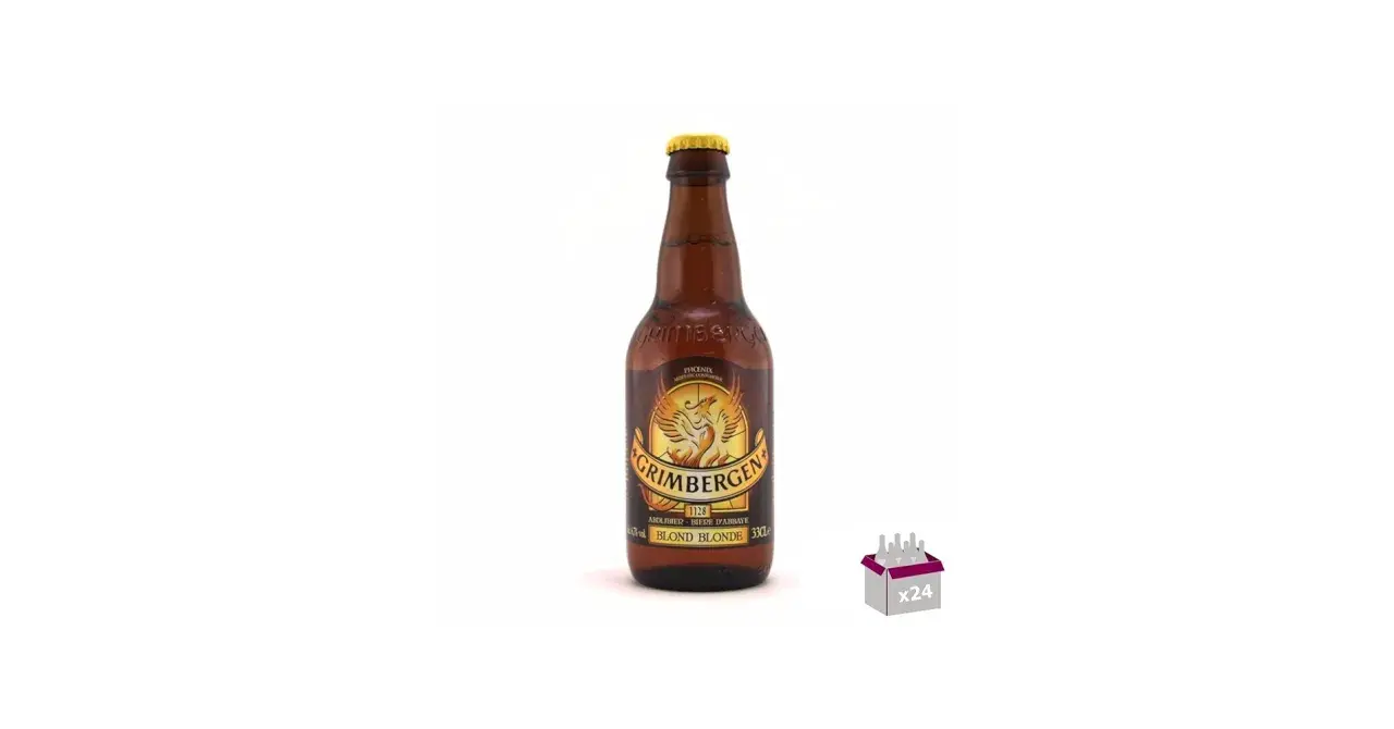 Bouteille de bière Grimbergen Blonde, 6.7% vol. Un carton de 24 est visible à droite.