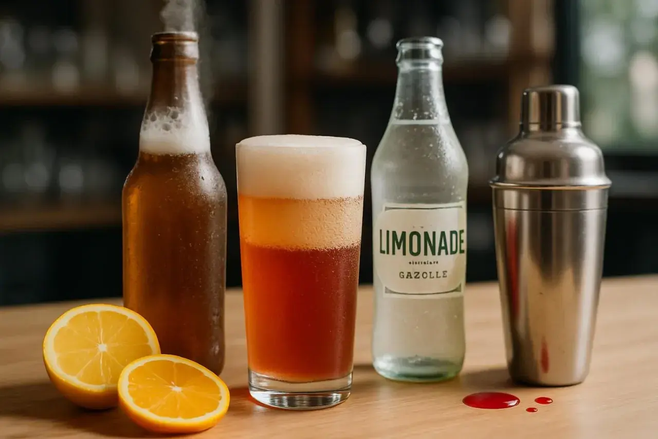 Un verre de monaco pétillant, une bière, une limonade gazeuse, des citrons et un shaker sur un bar en bois.