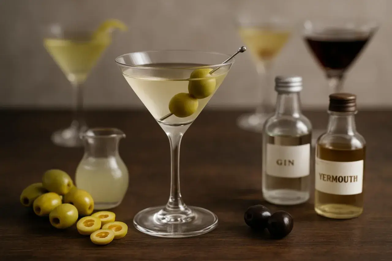 Un dry martini cocktail, garni de deux olives, prêt à être dégusté. Des bouteilles de gin et de vermouth sont à proximité.