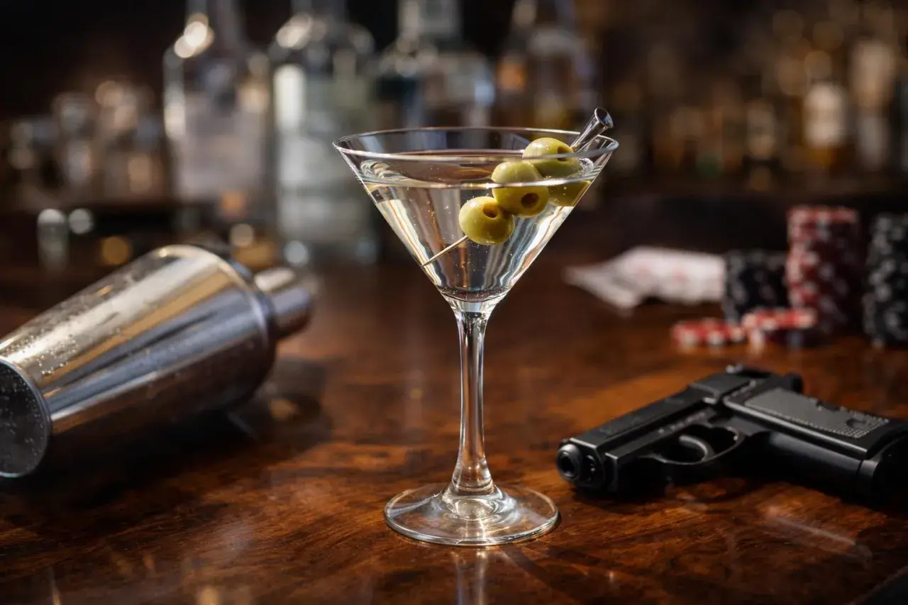 Un verre de martini, un shaker, des jetons de casino et un pistolet sur un bar en bois. L'ambiance parfaite pour un apéro James Bond.