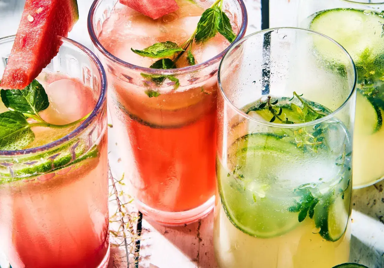Trois verres de cocktail classique, garni de concombre, menthe et pastèque, sur un fond clair.
