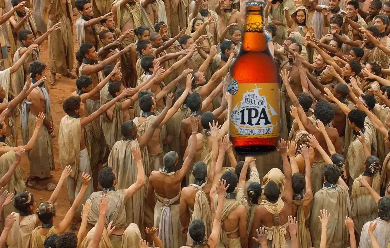 Une foule tend les bras vers une bière IPA sans alcool, comme si c'était une offrande.
