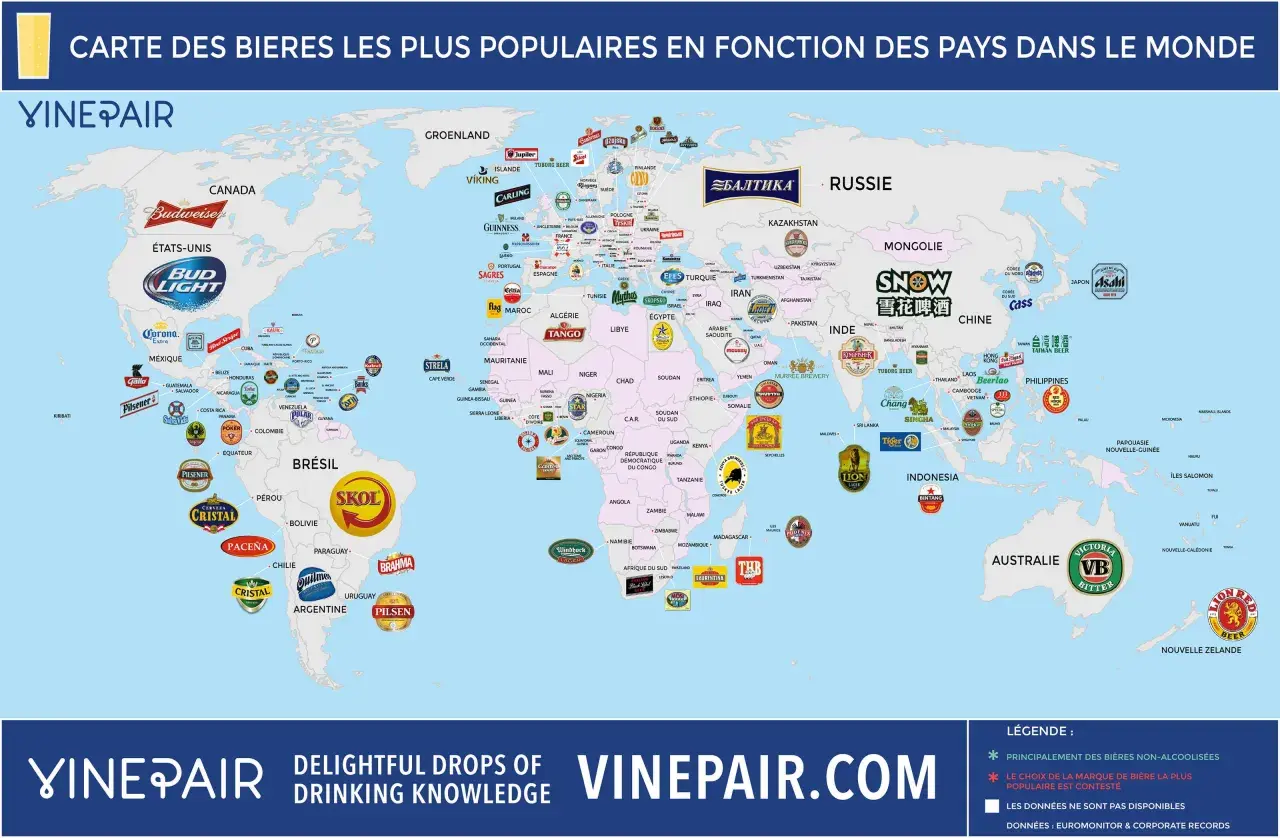 Carte des bières les plus populaires par pays. Bud Light est la bière la plus consommée au monde, visible aux États-Unis.