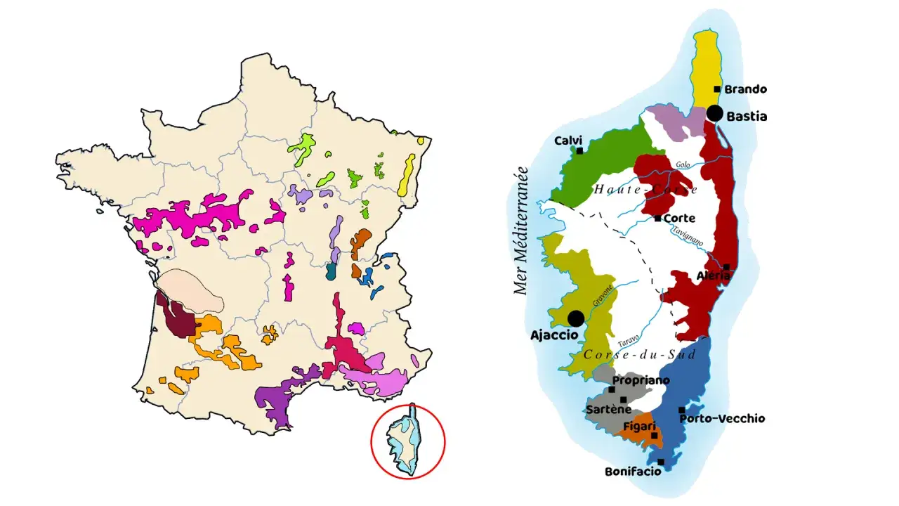 Carte des vignobles de France et de Corse, incluant le domaine Vaccelli.
