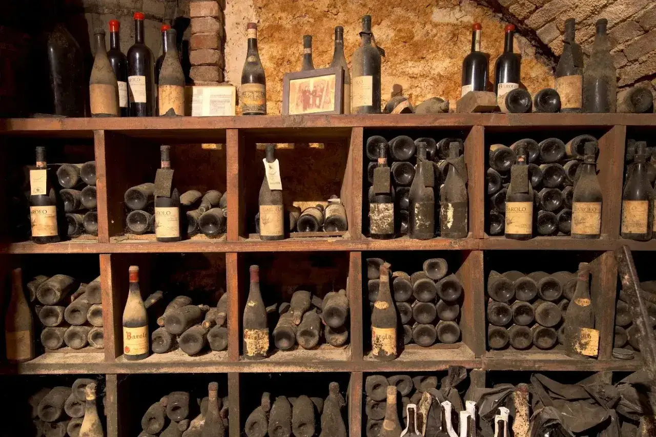 Vieux mill&eacute;simes poussi&eacute;reux dans une cave &agrave; vin, t&eacute;moignant de la temp&eacute;rature id&eacute;ale pour leur conservation.