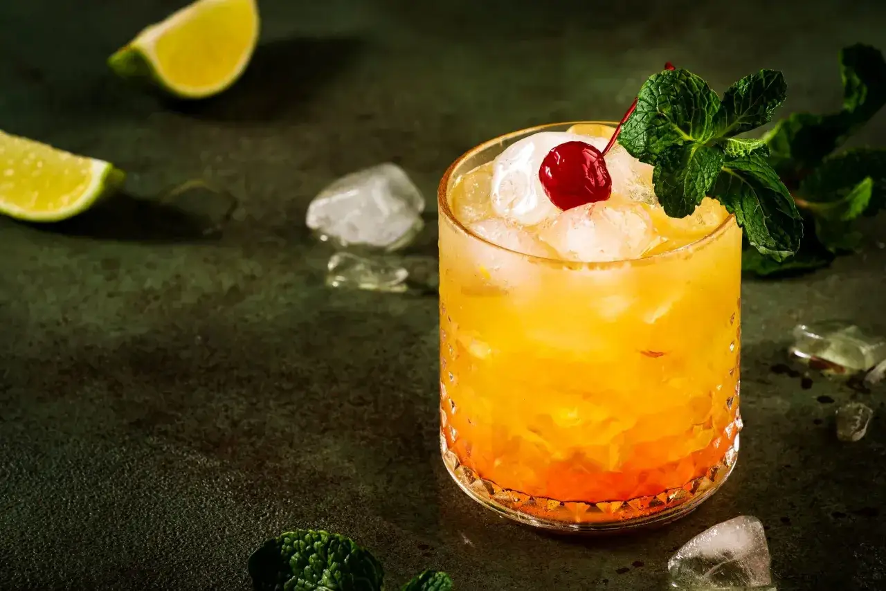 Cocktail rafra&icirc;chissant &agrave; la bi&egrave;re et grenadine, garni d'une cerise et de menthe. Des quartiers de citron vert et des gla&ccedil;ons compl&egrave;tent la sc&egrave;ne.