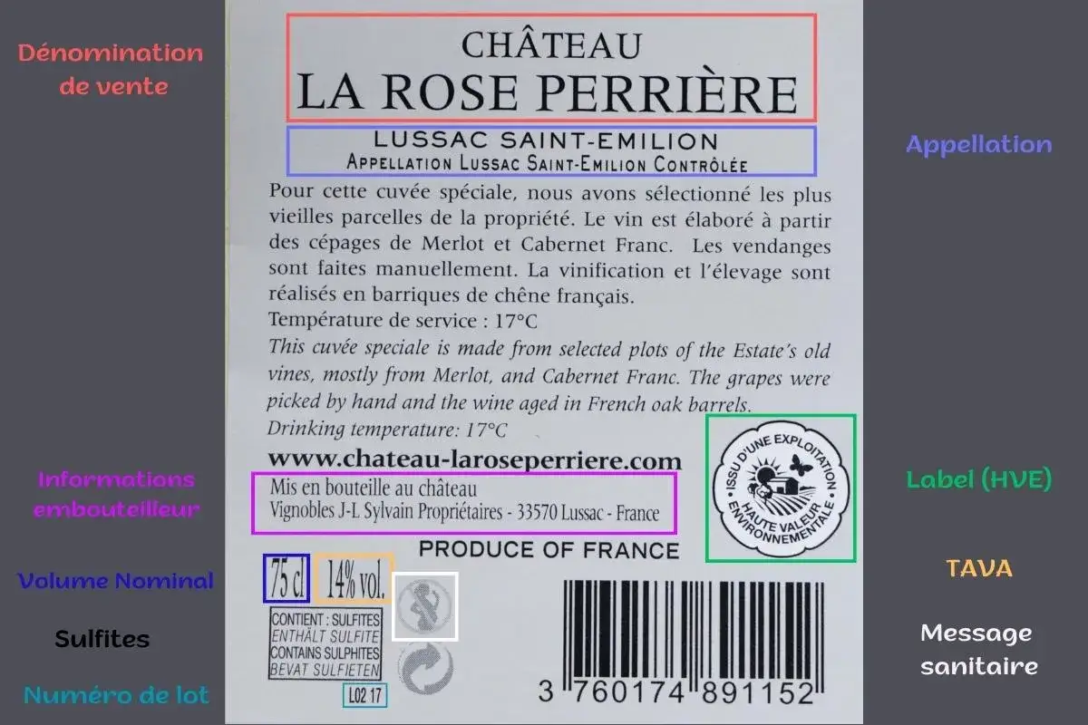 &Eacute;tiquette de vin : Ch&acirc;teau La Rose Perri&egrave;re, Lussac Saint-&Eacute;milion. Indique un degr&eacute; d'alcool de 14% vol. et le volume de 75 cl.
