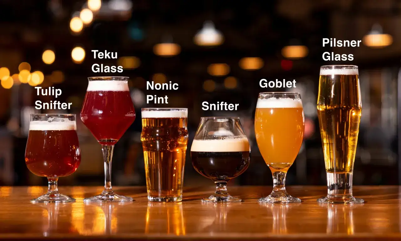 Six verres de bière ale de différentes formes, sur un comptoir en bois.
