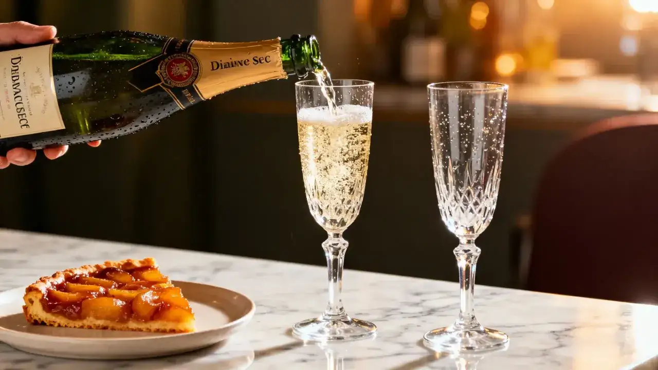 Une tarte aux fruits et du champagne sont servis. On se demande combien de sucre dans un verre de vin p&eacute;tillant.
