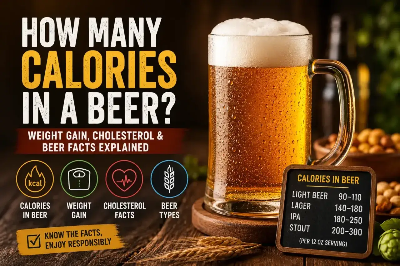 Infographie sur les calories dans la bière, expliquant si la bière fait grossir, le gain de poids, le cholestérol et les types de bière.