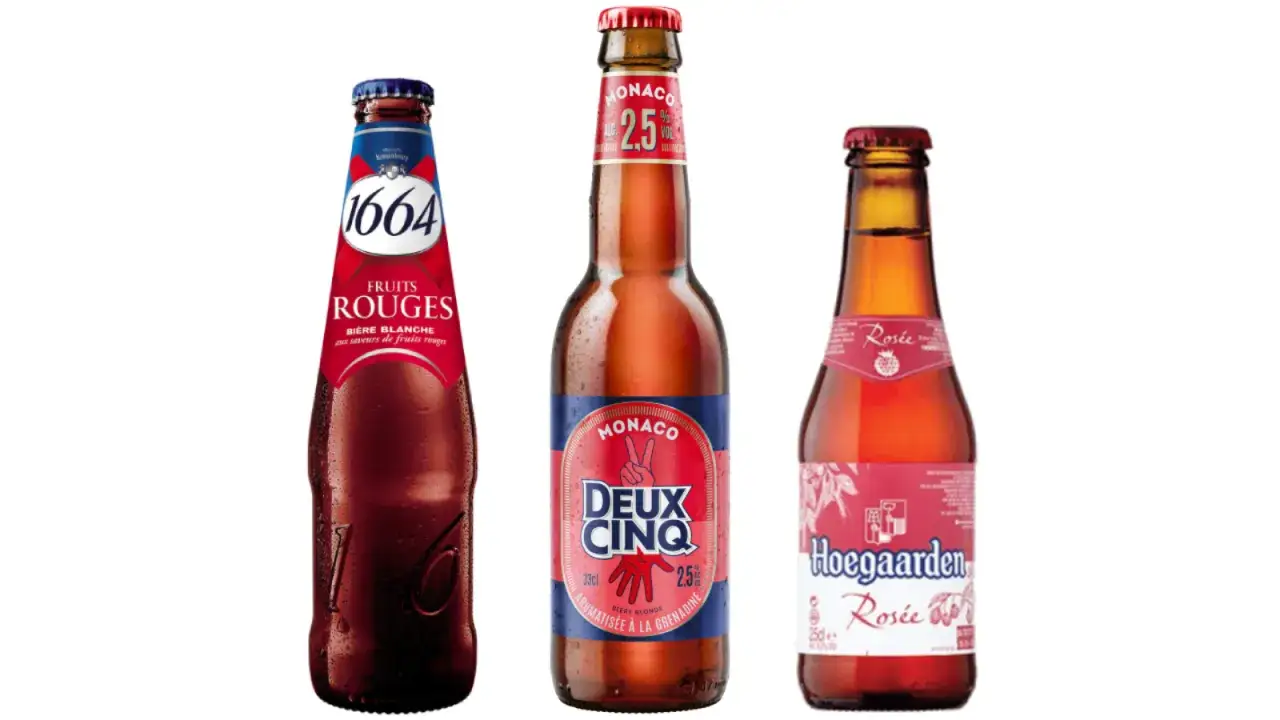 Trois bières : 1664 Fruits Rouges, Monaco Deux Cinq (2.5% vol), et Hoegaarden Rosée.