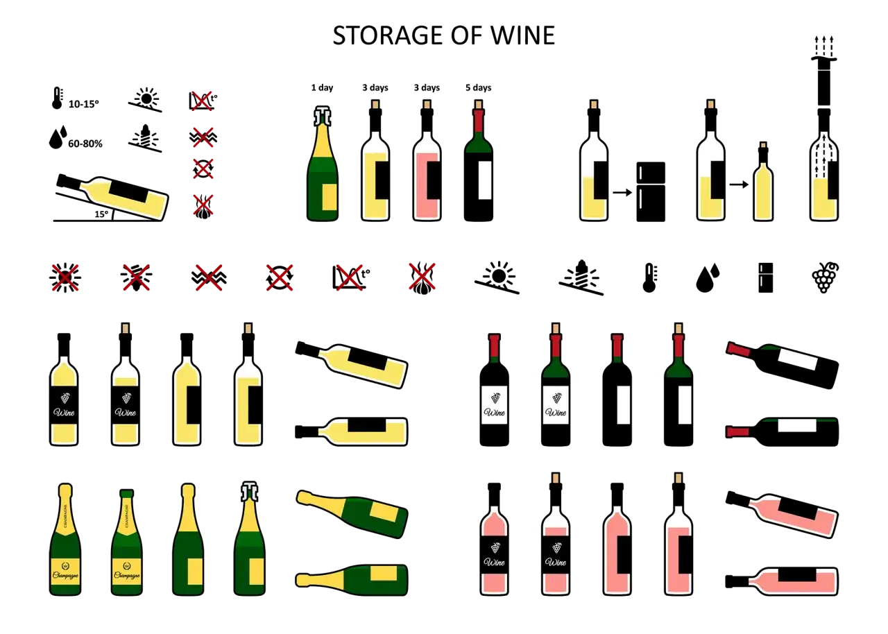 Illustrations de bouteilles de vin et de champagne, certaines couch&eacute;es, d'autres debout. Des 