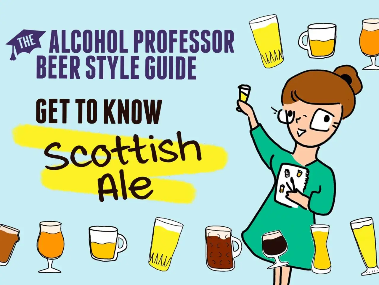Guide des bi&egrave;res : d&eacute;couvrez la bi&egrave;re &eacute;cossaise ! Une illustration color&eacute;e avec des verres de bi&egrave;re et une personne qui prend des notes.