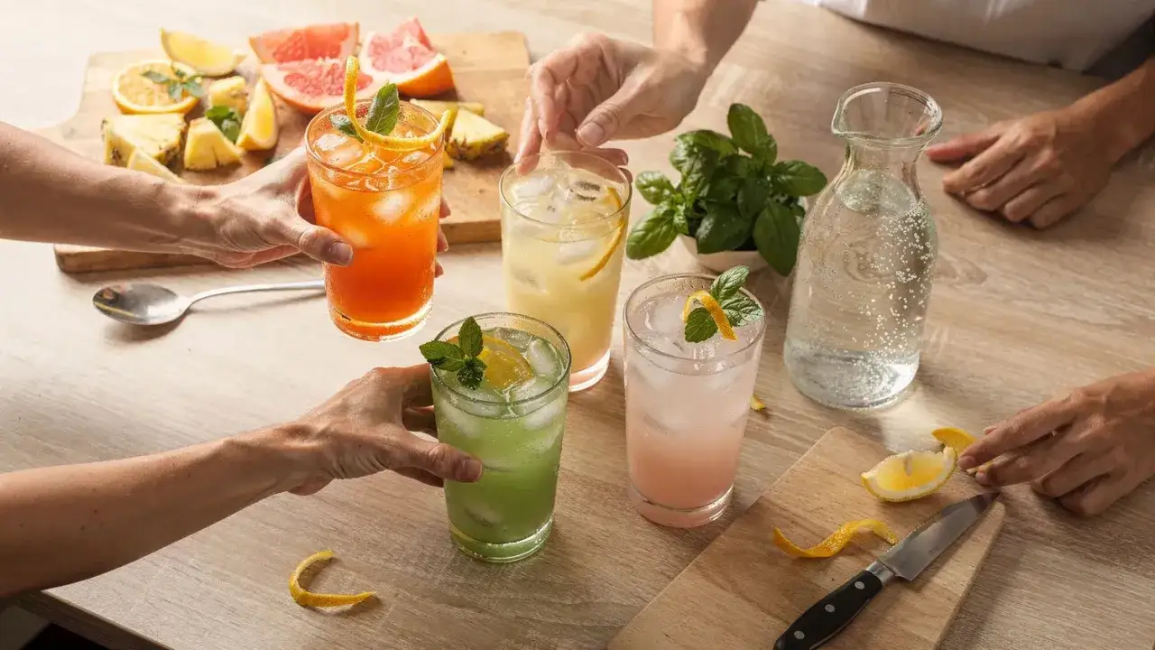Des mains saisissent des verres de boissons color&eacute;es, garnies de menthe et d'agrumes. Une carafe d'eau p&eacute;tillante et des fruits frais sur une planche compl&egrave;tent cette sc&egrave;ne estivale, parfaite pour un janvier sec.