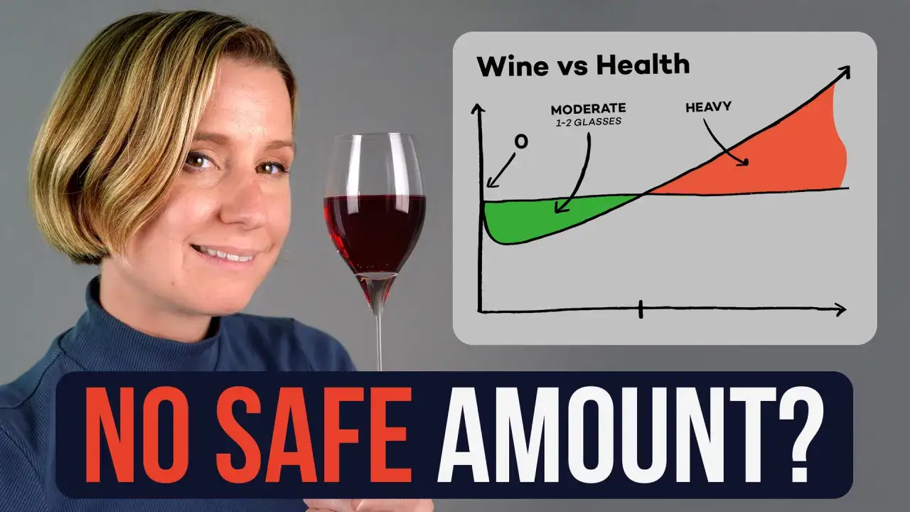Une femme tient un verre de vin rouge. Un graphique montre que m&ecirc;me un verre de vin par jour peut avoir des effets n&eacute;gatifs sur la sant&eacute;.