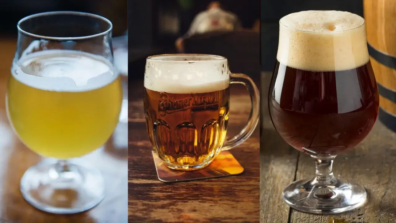 Trois verres de différents types de bière : blonde légère, ambrée Pilsner, et brune foncée avec une mousse épaisse.