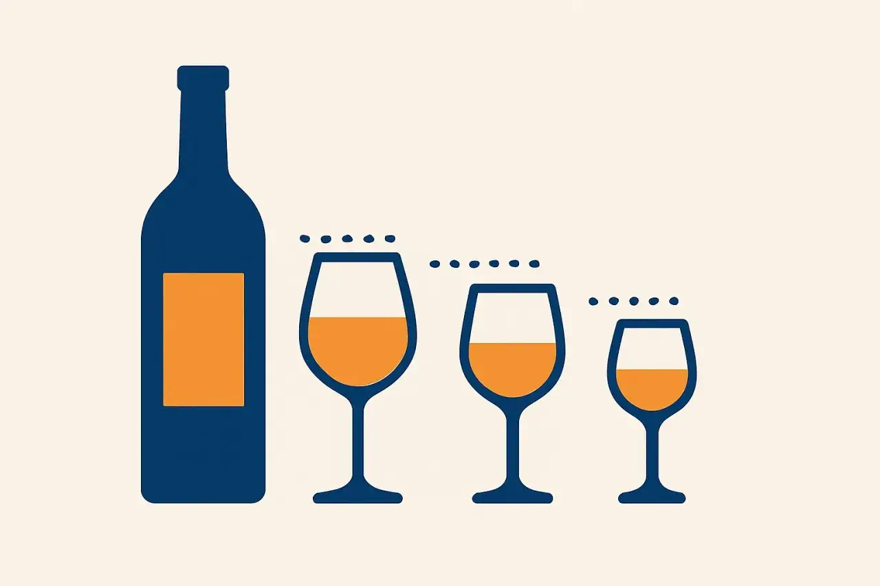 Une bouteille de vin bleu avec une étiquette orange, à côté de trois verres de vin orange de tailles différentes. L'image illustre combien de verre dans une bouteille de vin.
