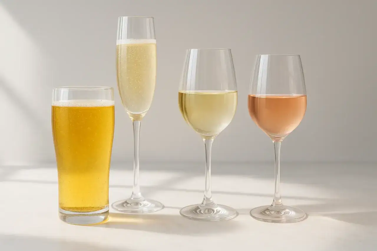 Un verre de bi&egrave;re, une fl&ucirc;te de champagne, un verre de vin blanc et un verre de ros&eacute;. Un tableau taux de sucre dans l'alcool pour comparer.