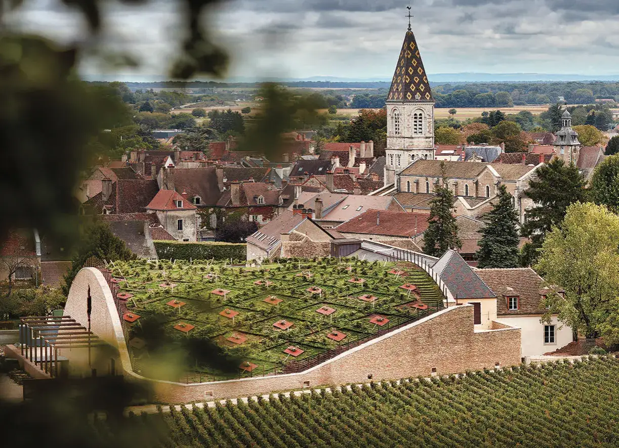 Vue d'un village avec une église et des vignobles. Le domaine Jean Claude Boisset s'étend sur la colline.