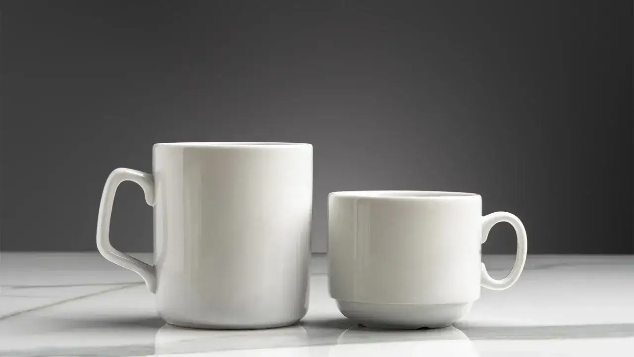 Deux récipients blancs sur un marbre : une tasse haute et un mug plus court. La différence tasse et mug est visible.