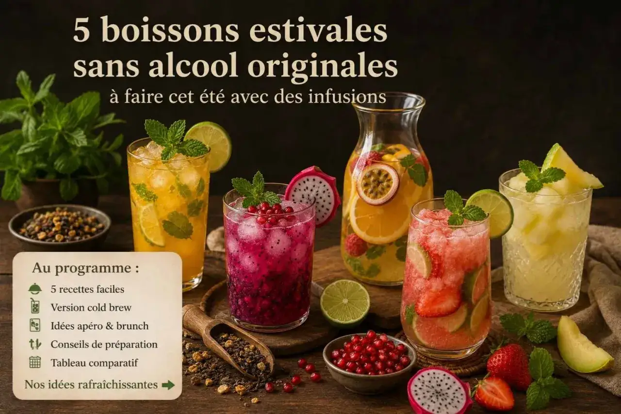 Cinq cocktails sans rhum colorés et fruités, parfaits pour l'été. Des boissons rafraîchissantes à base d'infusions, idéales pour l'apéro ou le brunch.