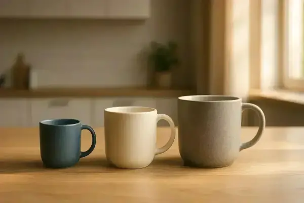 Trois récipients pour boissons, illustrant la différence tasse et mug : un petit bleu, un beige moyen, et un grand gris moucheté.