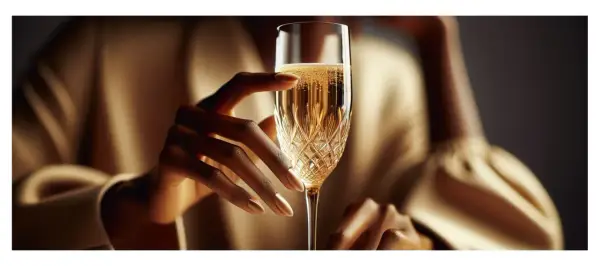 Une main élégante tient une coupe de champagne pétillante, évoquant le plaisir et la célébration. C'est pourquoi on trinque : pour savourer ces instants précieux.